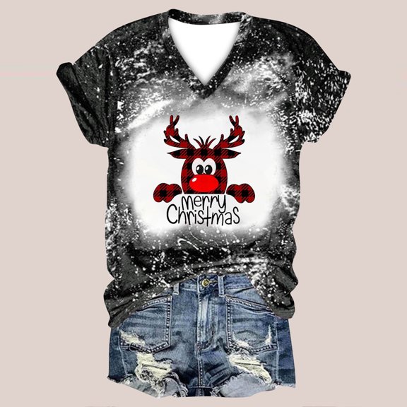 SDJMa Women's Classic-Fit 100% Cotton Short-Sleeve T-Shirt Christmas Fashion Woman Causal V-Neck Printing Blouse Short Sleeve T-Shirt Tops
