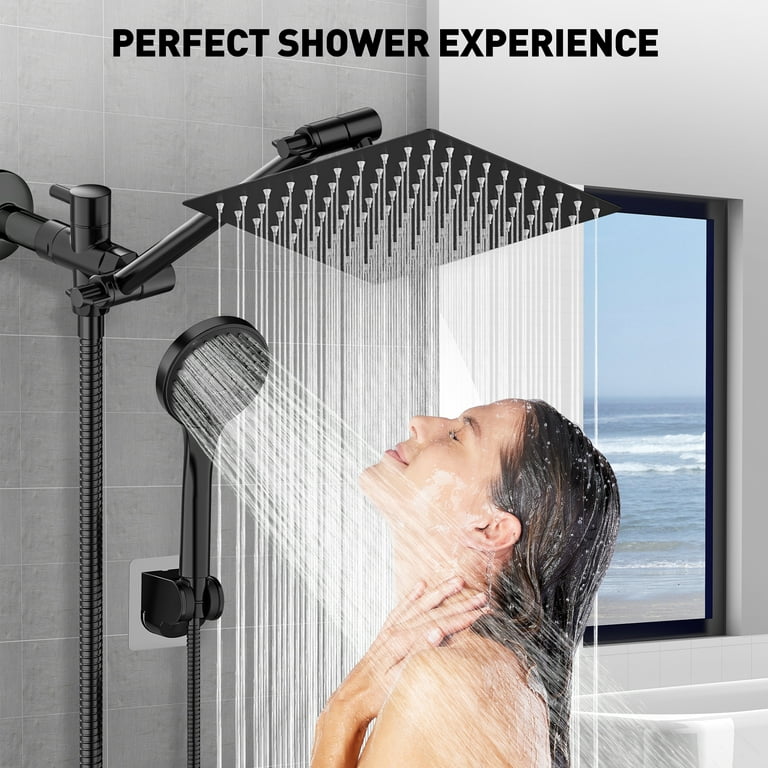 8 Inch Dual Shower Head Combo with 11'' Extension Arm, 5 Settings Adjustable Anti-leak High Pressure Shower Head with 59" Hose, Height/Angle Adjustable, Dual Anti-Clog Nozzles, Black