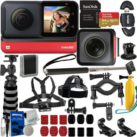 Insta360 ONE RS Twin Edition with Advanced Accessory Bundle: SanDisk 64GB Extreme MicroSDXC, Multi-Adjustable Bike/Pipe Mount, Selfie Stick & Much More (28pc Bundle)