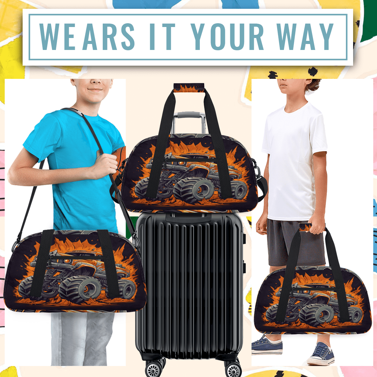 Herdesigns Monster Truck Sports Duffle Bag for Women & Men, Cartoon Car Gym Bag Dance Bag Overnight Bag Carry On Weekender Travel Bag