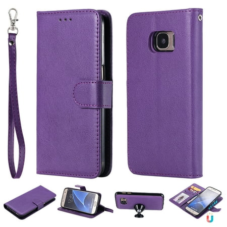 Slim Card Case - Galaxy S7 Case Wallet, S7 Case, Allytech Premium Leather Flip Case Cover & Card Slots Pocket, Wrist Design Detachable Slim Case for Samsung Galaxy S7 (Purple)
