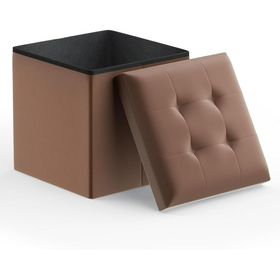Sptwo Folding Ottoman Cube, 15 x 15 x 15 Inches PU Leather Footrest Stool, Small Square Ottoman with Hidden 42L Storage for Entryway, Living Room, Dorm, Bedroom, Brown