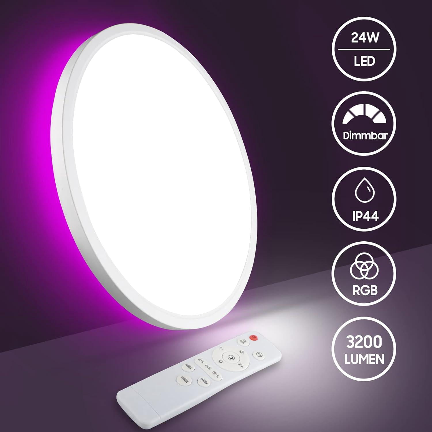 Dimmable LED Ceiling Light 24W, 3200lm IP44 RGB Backlight Lamp with Remote  Control 3000-6500K, Modern Round Ceiling, Ø30cm