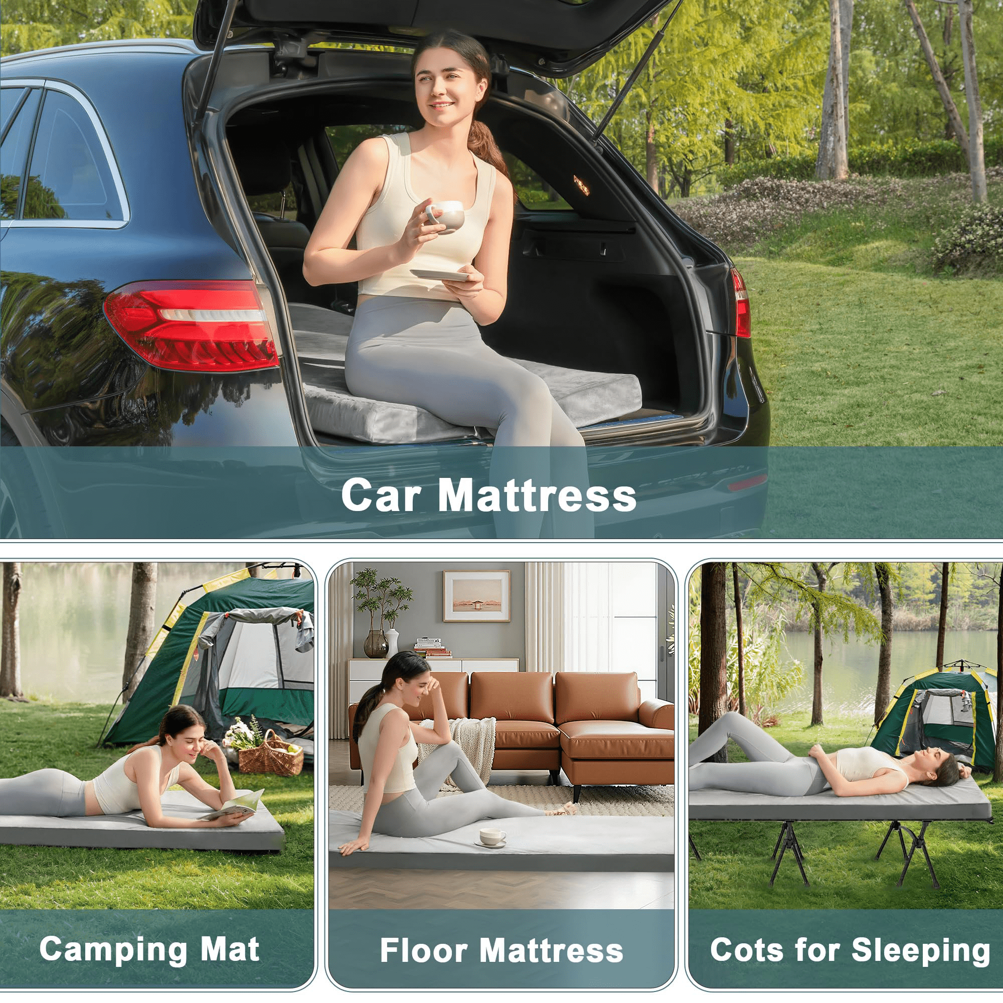 3 Inch Memory Foam Camping Mattress, Thick Sleeping Pad, Portable Floor Mat Roll Up Futon Mattress with Water-Resistant Zipper for Outdoor Activities, RVs, Guest Rooms, and Dorms, Single Size