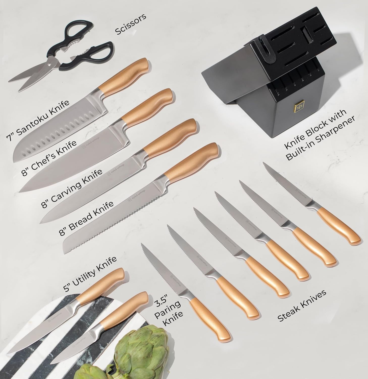 Styled Settings Gold Kitchen Knives & Cutlery Set, Black and Gold, 14-Piece