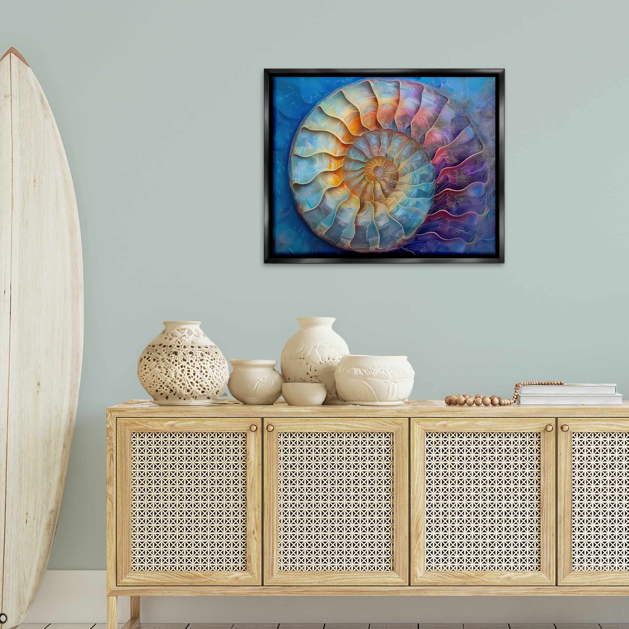 Stupell Industries Maritime Nautilus Spiral Animals Painting Black Floater Framed Canvas Art Print Wall Art, 31 x 25