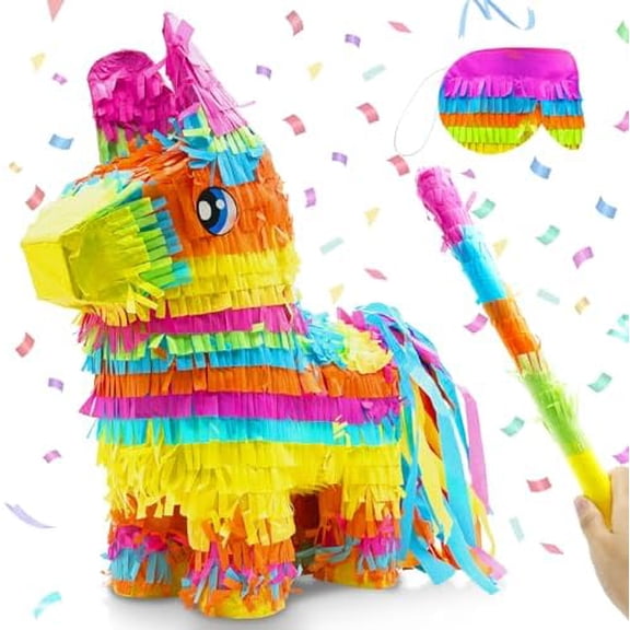 16" Cinco de Mayo Pinata, Large Rainbow Color Donkey Pinata 16 x 13 x 5.5 ln with Stick and Blindfold for Fiestas Mexican Party Decoration, Photo Prop, Taco Tuesday Event