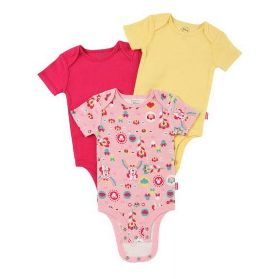 Disney Cuddly Bodysuit with Grow an Inch Snaps, Minnie Mouse "Floral Rainbow" 3 Pack, Pink/Yellow/Fuschia, 0-3 Months