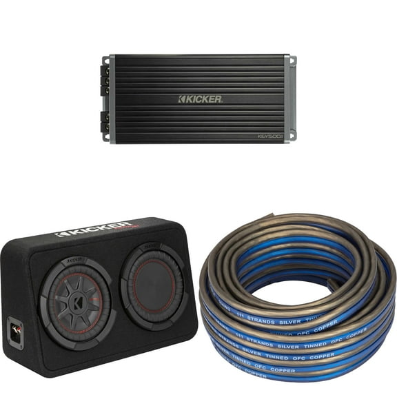 Kicker 48TCWRT82 CompRT 8" subwoofer in thin profile enclosure, 2ohm with 47KEY5001 Amp & Speaker Wire Bundle