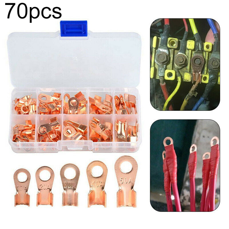 70Pcs/Set Copper Tube Terminals Battery Welding Cable Lug Ring Crimp Connectors
