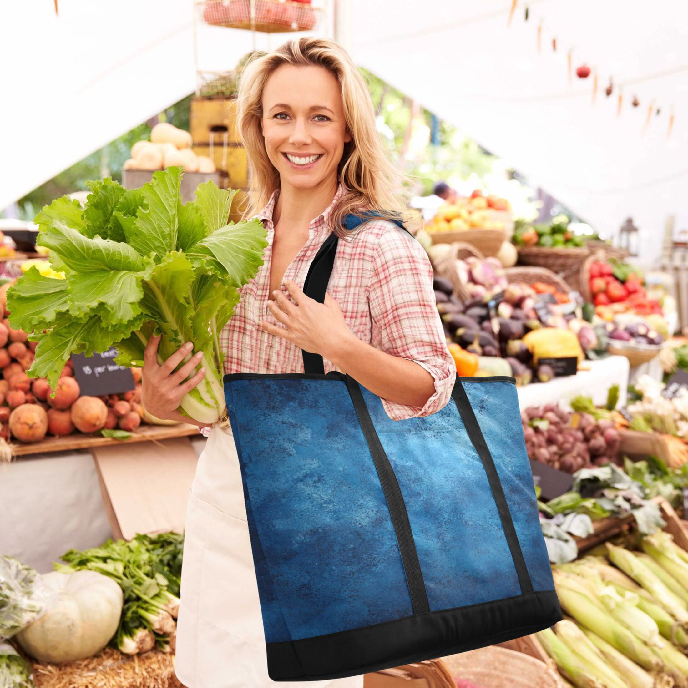 Large Hand-held Ice Pack Picnic Bag Insulation and Refrigeration Suitable for Shopping Picnics and Camping Blue Pattern