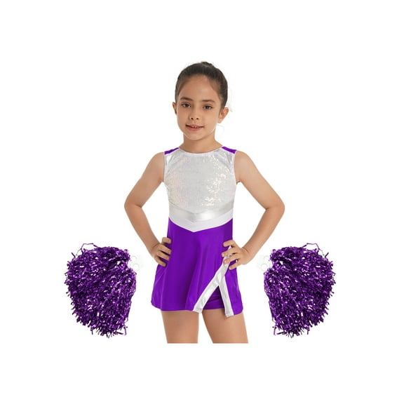 YEAHDOR Girls Cheerleading Outfit Shiny Sequins Dress with Shorts Pompoms Set for Halloween Dress Up Party
