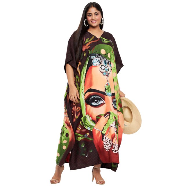 Oussum Robe Kaftan Longue Tribale Brun Foncé en Polyester Grande Taille pour Femmes