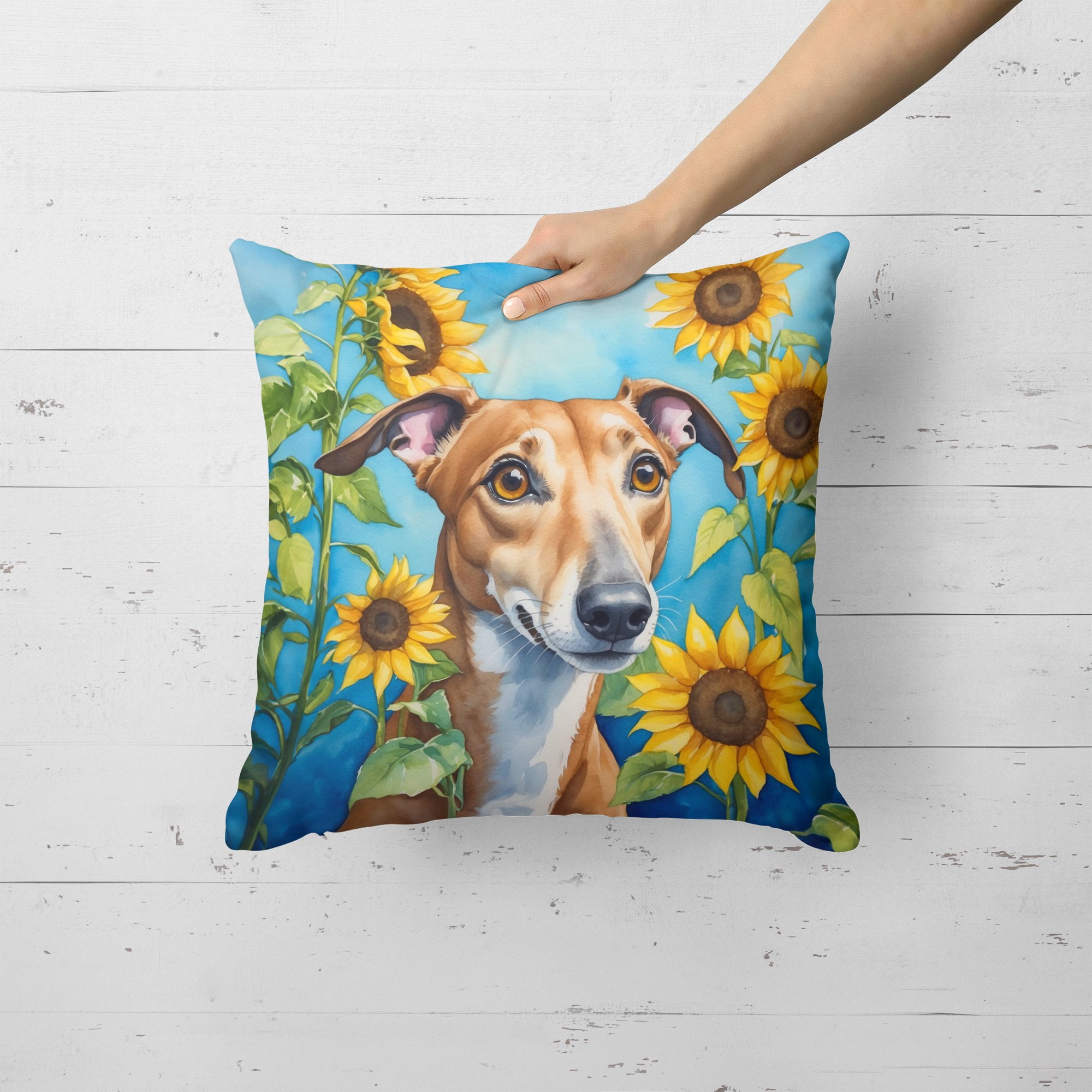 Greyhound in Sunflowers Throw Pillow 18 in x 18 in