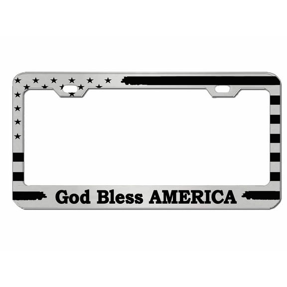 God Bless America USA Flag Style Heavy Duty Metal License Plate Frame Personalise/Car Accessories Car Tag Holder Cover (Chrome/Black)