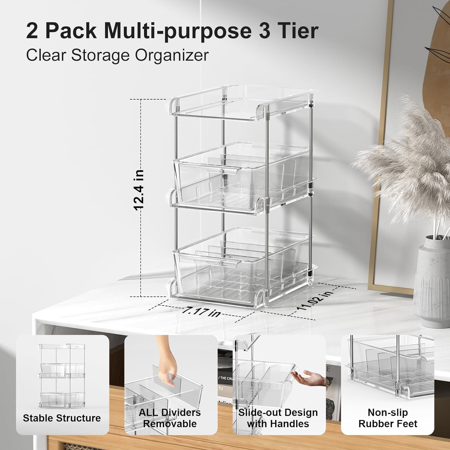  Fowooyeen 2 Pack Bathroom Cabinet Organizer, 2 Tier Pull Out  Clear Under Sink Organizers and Storage, Multi-Purpose Kitchen Pantry  Medicine Organization and Storage Shelves Bins with Movable Dividers