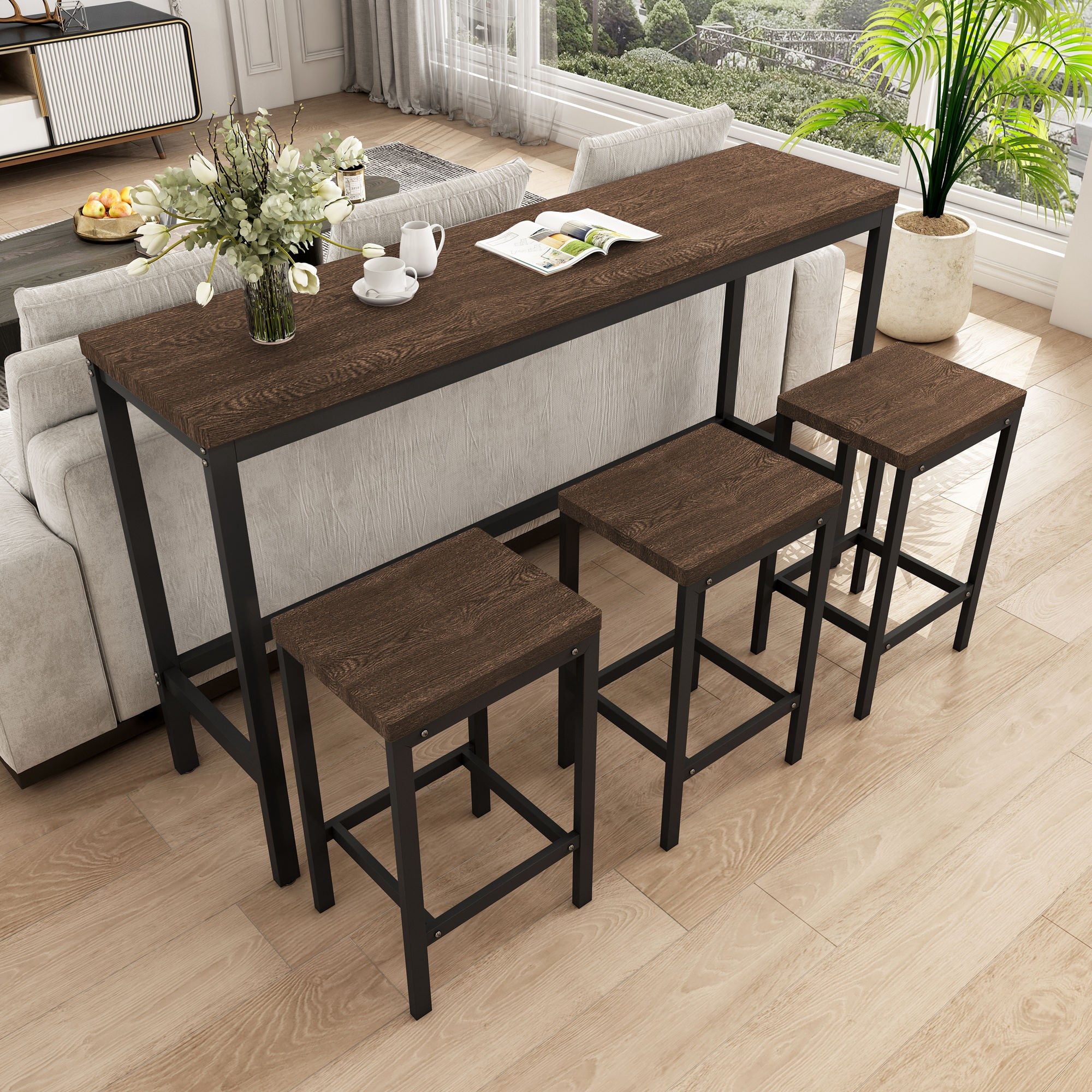 BSHTI 60.24" MDF Dining Room Table Set with Metal Frame, 3 Stools, Space-Saving Design for Kitchen Dining Room(Dark Brown)