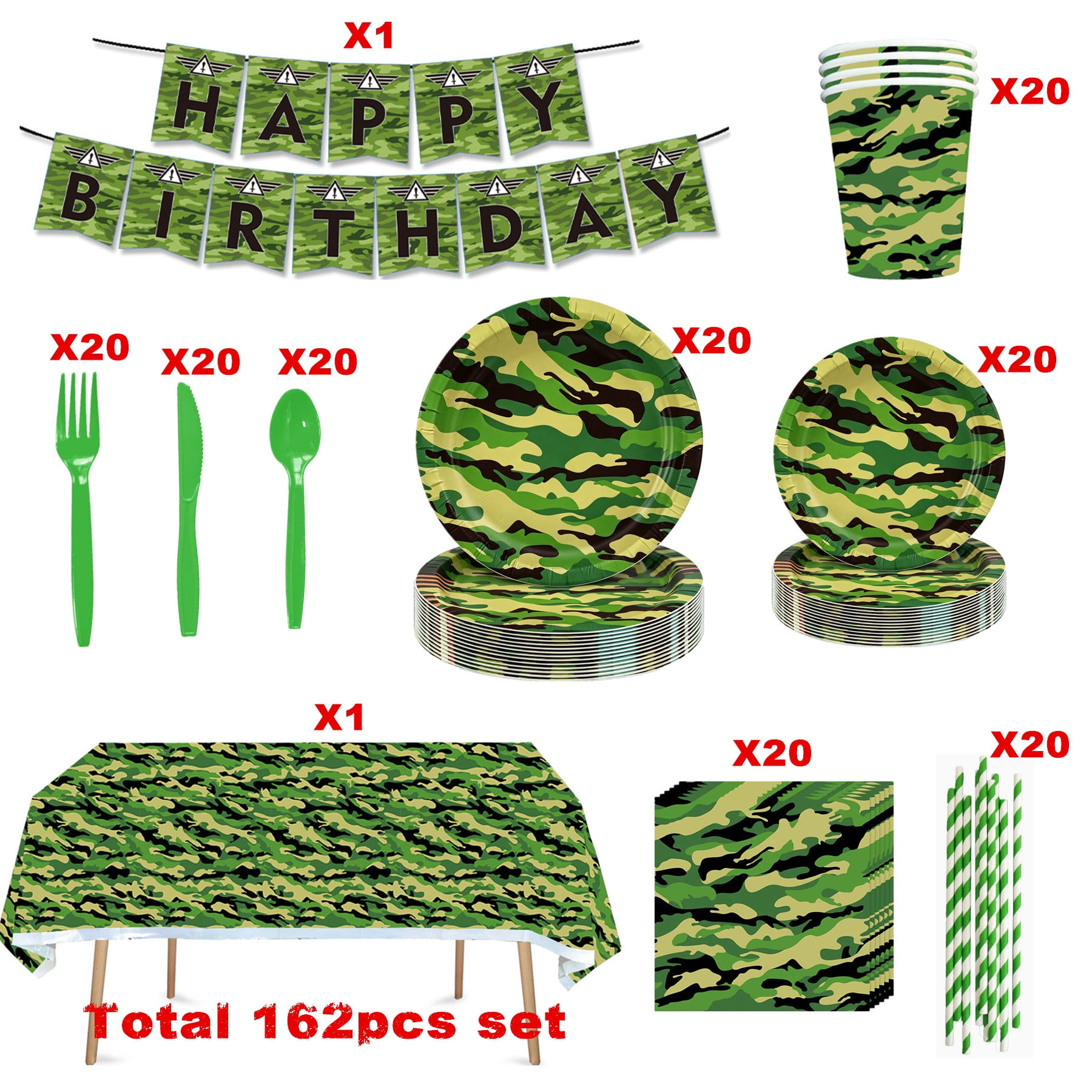 162Pcs Camouflage Party Decorations Tableware, Camo Camouflage Themed Party Supplies, Plate, Cup, Napkin, Banner, Tablecloth, Cutlery, Hunting Army Military Theme Birthday Decorations, Serve 20 Guest