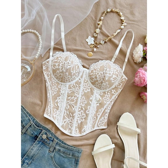 White Floral Lace Bustier Corset Top With Spaghetti Straps For Night Out