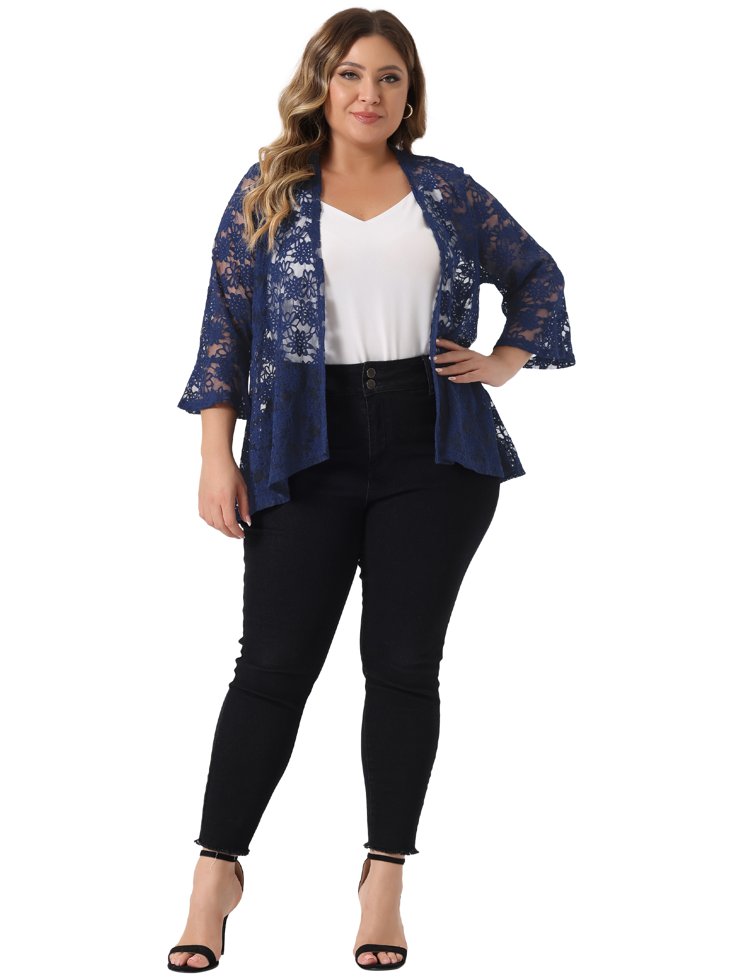 DARING DIVA Women's Plus Size Casual Open Front 3/4 Sleeve Sheer Lace Cardigan L Blue