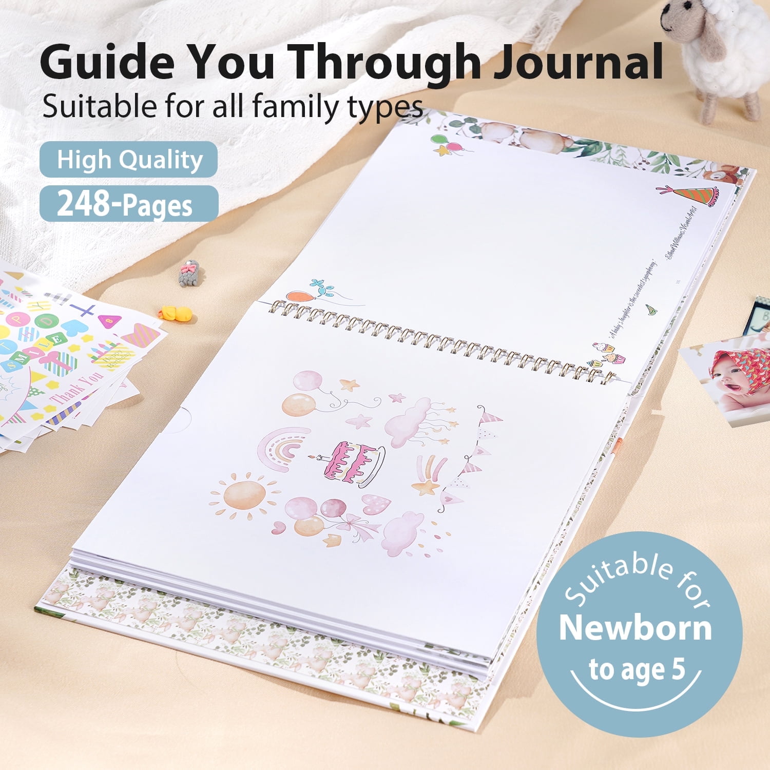 TJT Keepsake Baby Books for Newborn Baby Memory, First 5 Years Baby Memory Record Book Gift, 124 Pages Baby Album, Rabbit, Brown