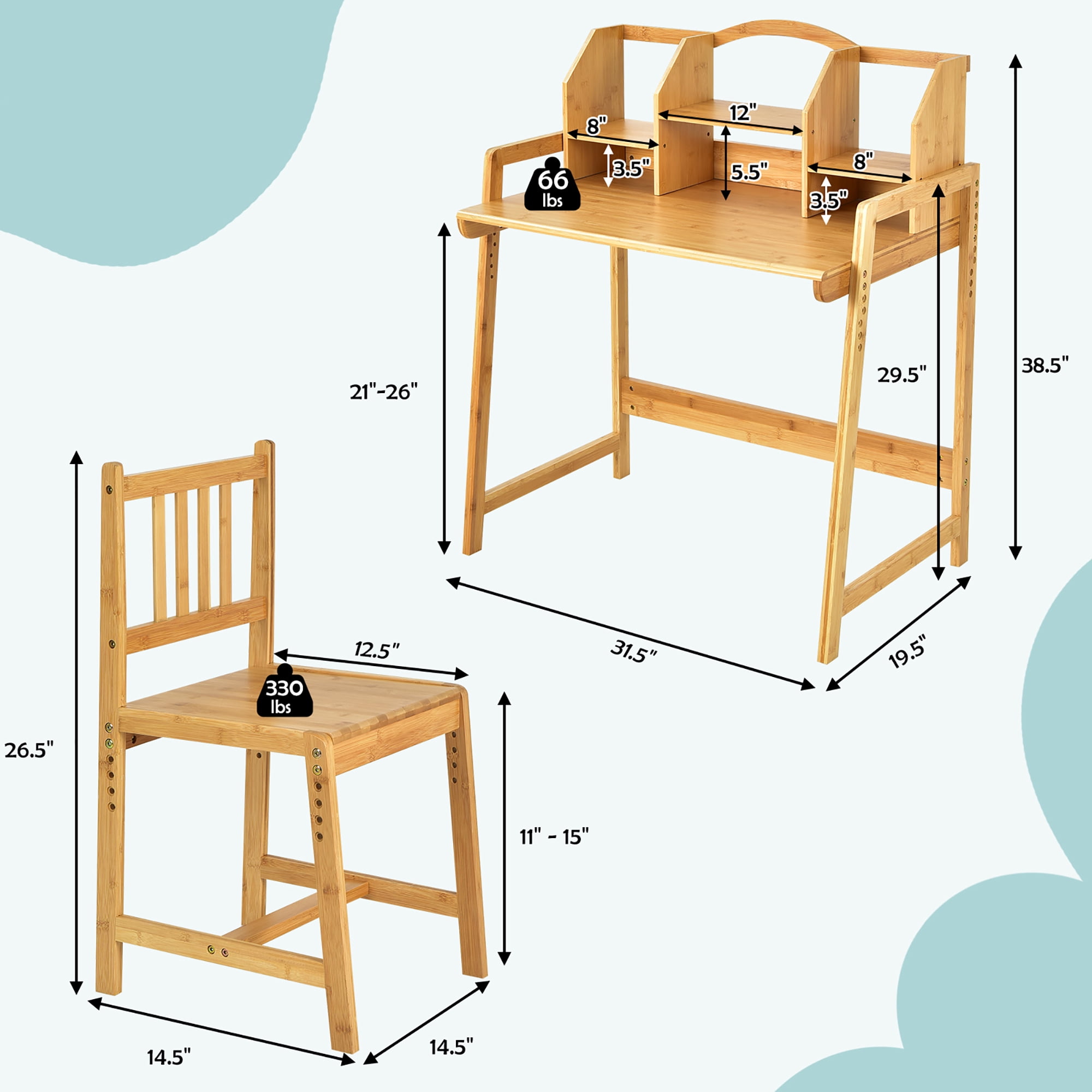 Costway Bamboo Kids Study Desk And Chair Set Height Adjustable