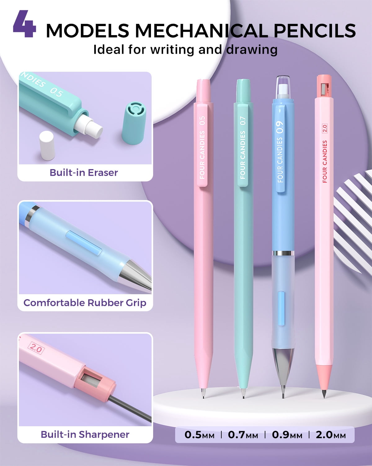 Four Candies Mechanical Pencil Set 0.5mm–2.0mm with 624 Lead