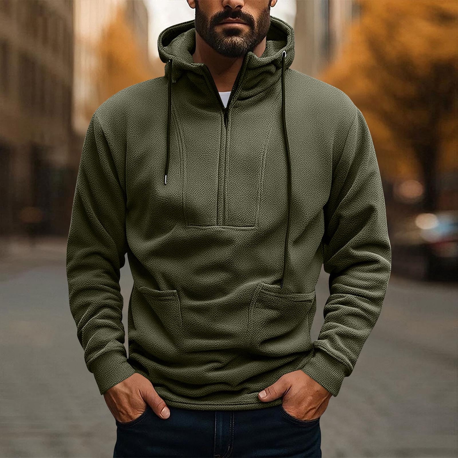 Paiwinds Men's Vintage Full-Zip Fleece Hoodie, Plush Polyester with Adjustable Hood, Retro Casual Sweatshirt in Army Green