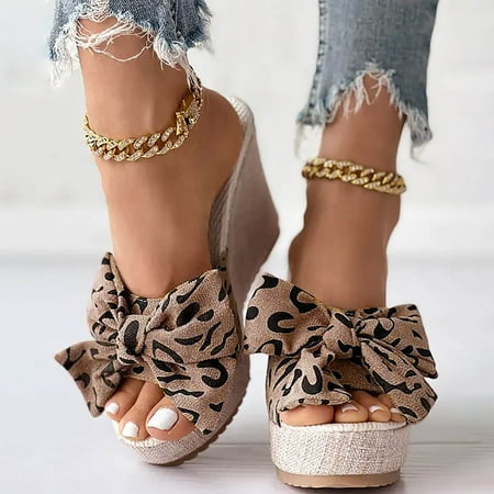 

Josdec Womens Shoes Clearance Leopard Print Round Head Bow Tie Comfy Sandals Wedge Heel Beach Shoes