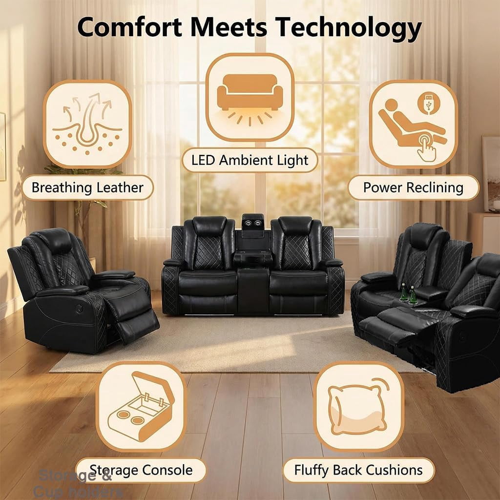 Power Reclining Leather Sofa Set, 3 Pieces Living Room Couch with LED, USB Ports, Cup Holders and Armrest Storage, Black