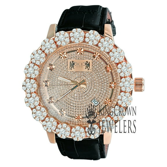 Rose Gold Tone Real Diamond Dial Watch Flower Bezel Mens Stainless Steel Khronos Genuine Leather Strap Band W/Date