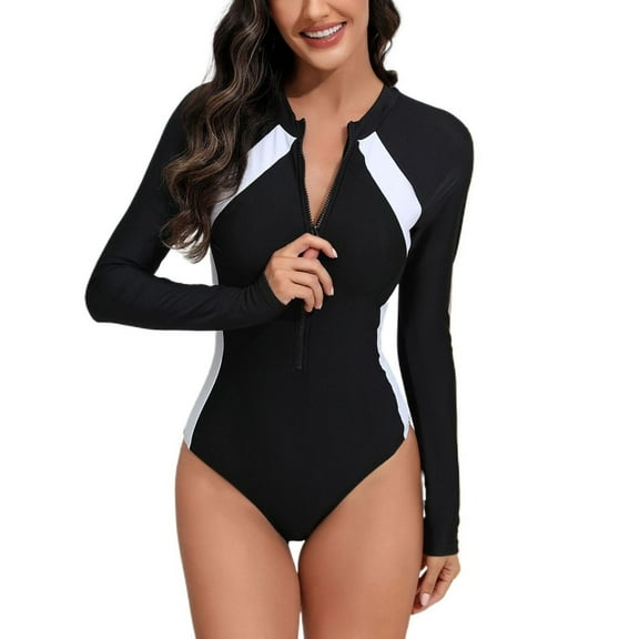 SWSMCLT Women's Long Sleeve Swimsuit Swimming One Piece Swimsuit Rash Guard Padded Zip Summer Cheeky White Black 8-10