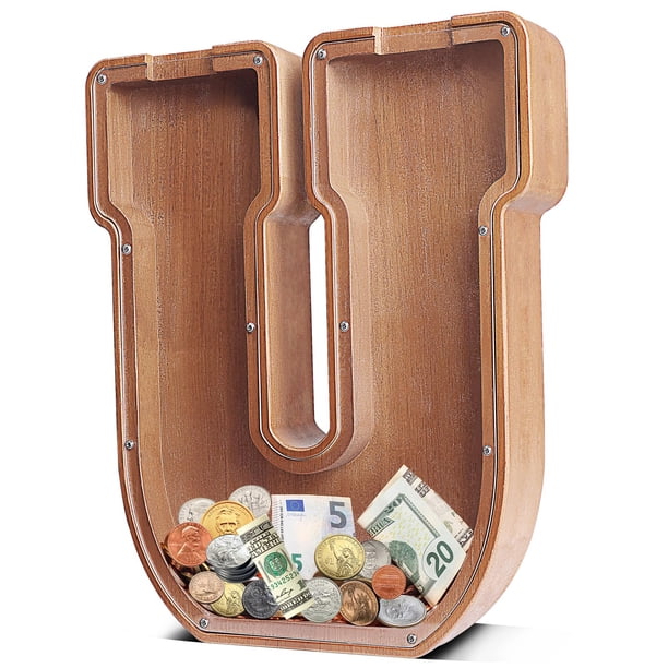 Ubeesize Hucha de Madera Extra Grande de 12 Pulgadas, Hucha con Letras para niños y niñas, Hucha de Dinero para niños, Navidad, cumpleaños, Regalo para niños y decoración de Oficina en el hogar(U)