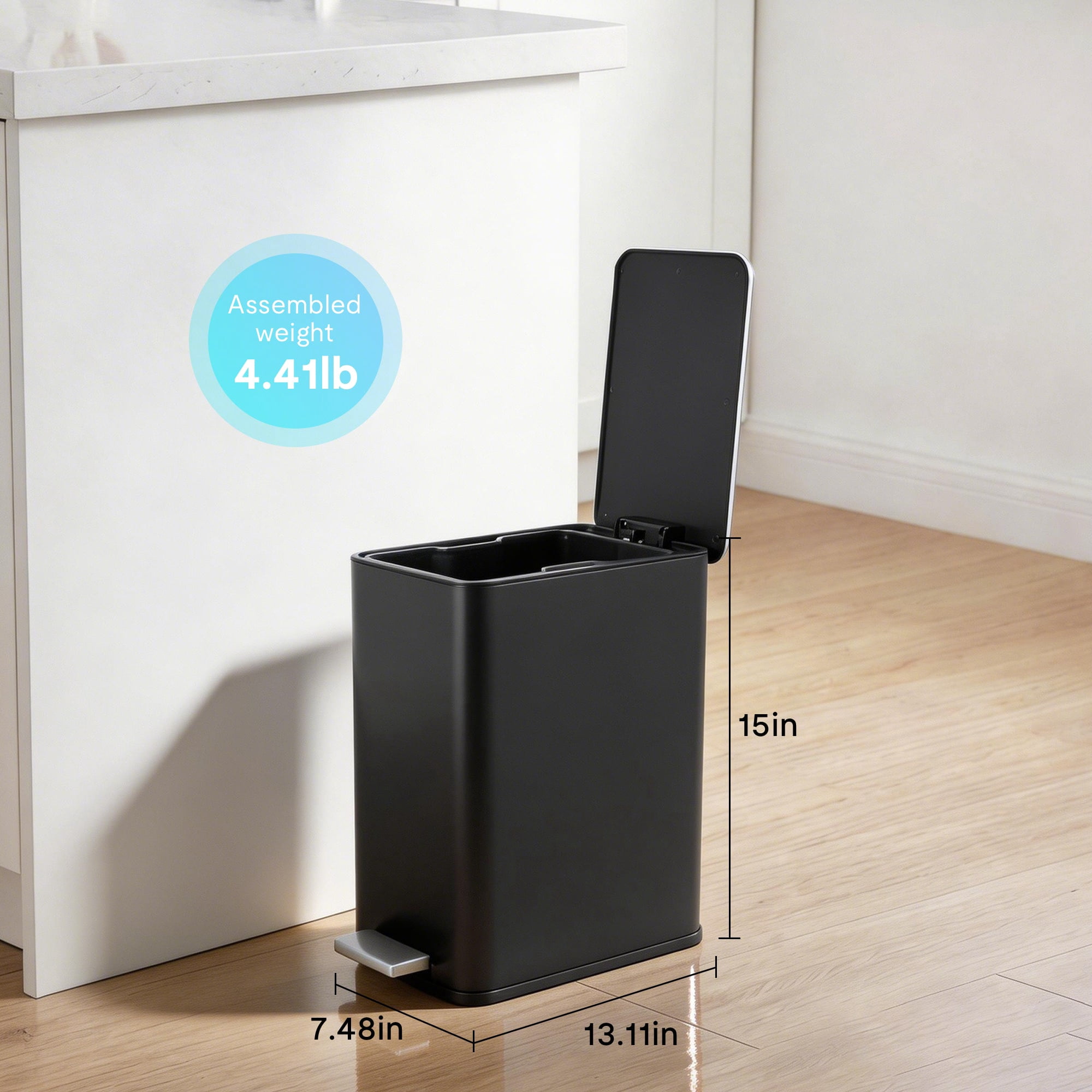 GARITIN GARITIN Step On Trash Can with Foot Pedal, Durable Stainless Steel Waste Bin with Removable Bucket for Home, Black
