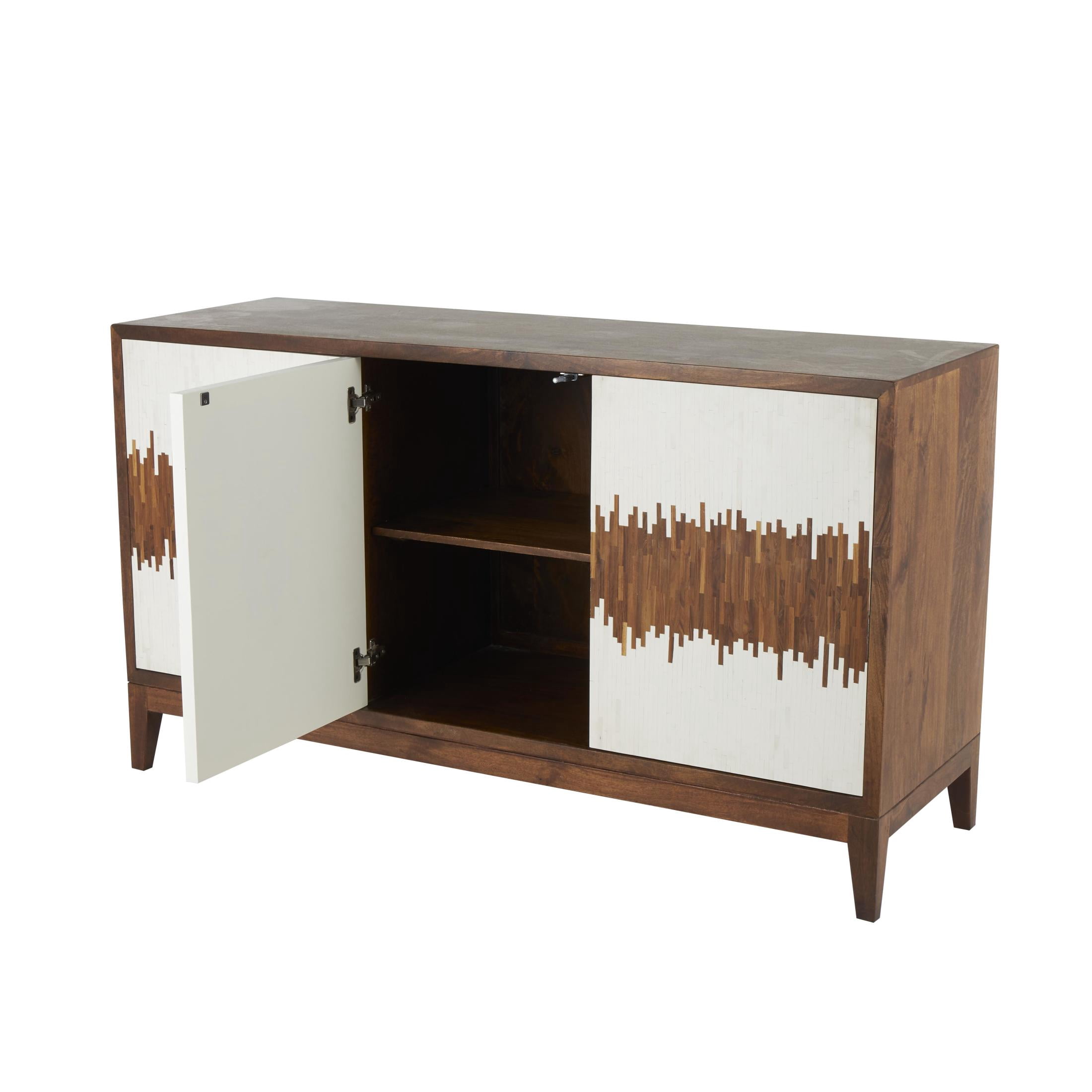 DecMode 60" x 34" Brown Mango Wood Abstract 3 Door and 3 Shelf Sideboard with White Front and Striped Pattern, 1-Piece
