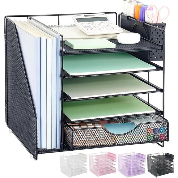 5-Tier Desk Organizer with Drawer & Pen Holder – Vertical Paper Letter Tray and File Holder for Office, Home, or Workspace – Black
