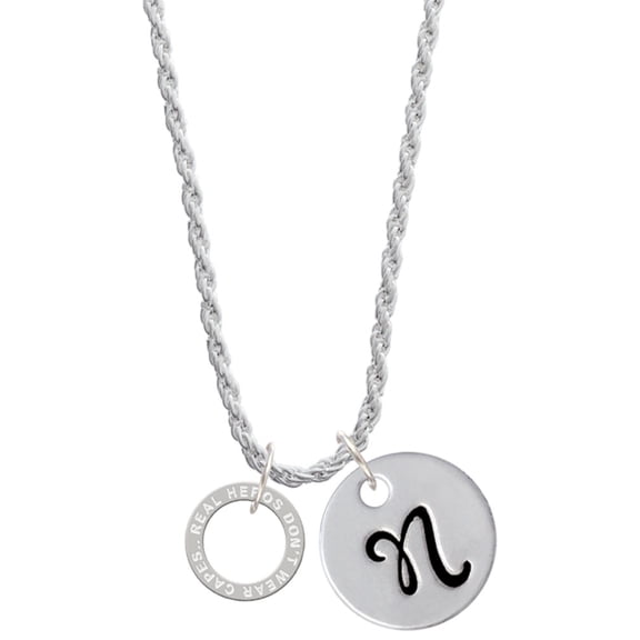 Delight Jewelry Silvertone Real Heroes Teach Eternity Ring Silvertone Script Initial Disc - N - Charm Necklace, 20"+3"