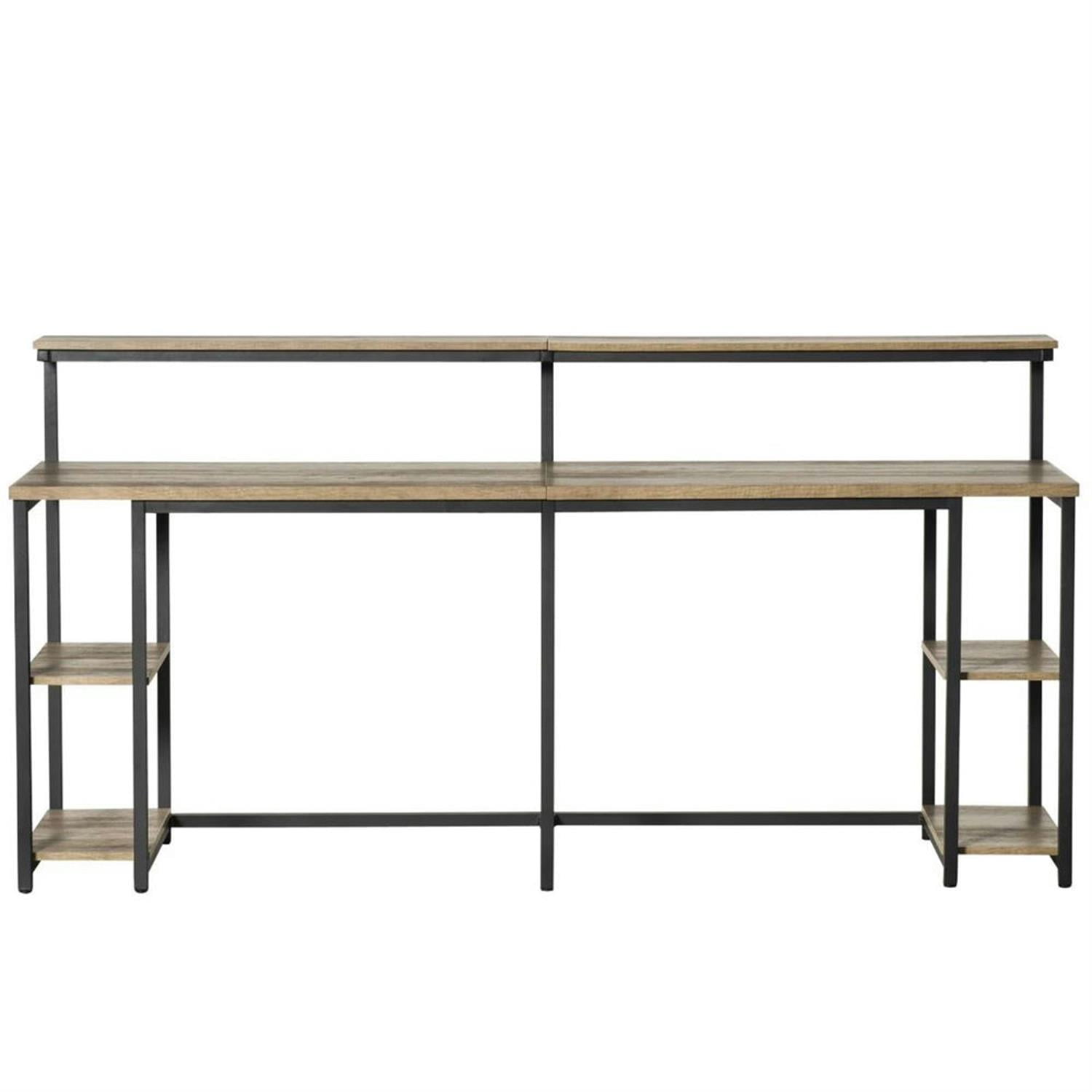 Demi Bonn Modern 2 Person Office Desk with Elevated Monitor Rack, CPU Stand, Home Computer Desk for Living Room, Office, Study, Writing Table PC Desks, Brown