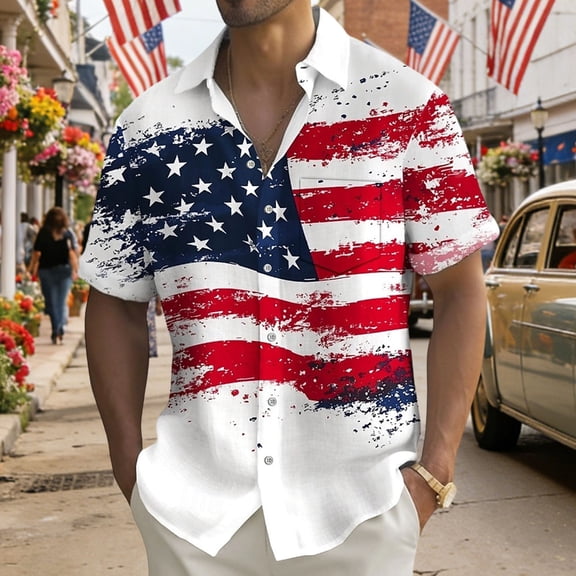 BUWTTED Mens Shirts 250th Anniversary USA Flag Print Graphic Summer Beach Loose Fit Short Sleeve Button Down Casual White Shirt L