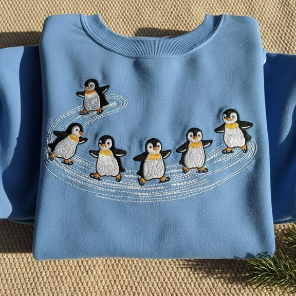 Embroidered Skating Penguins Sweatshirt, Cute Winter Crewneck, Penguin Lover Gift, Christmas Ice Skater Shirt, Holiday Penguin Sweater