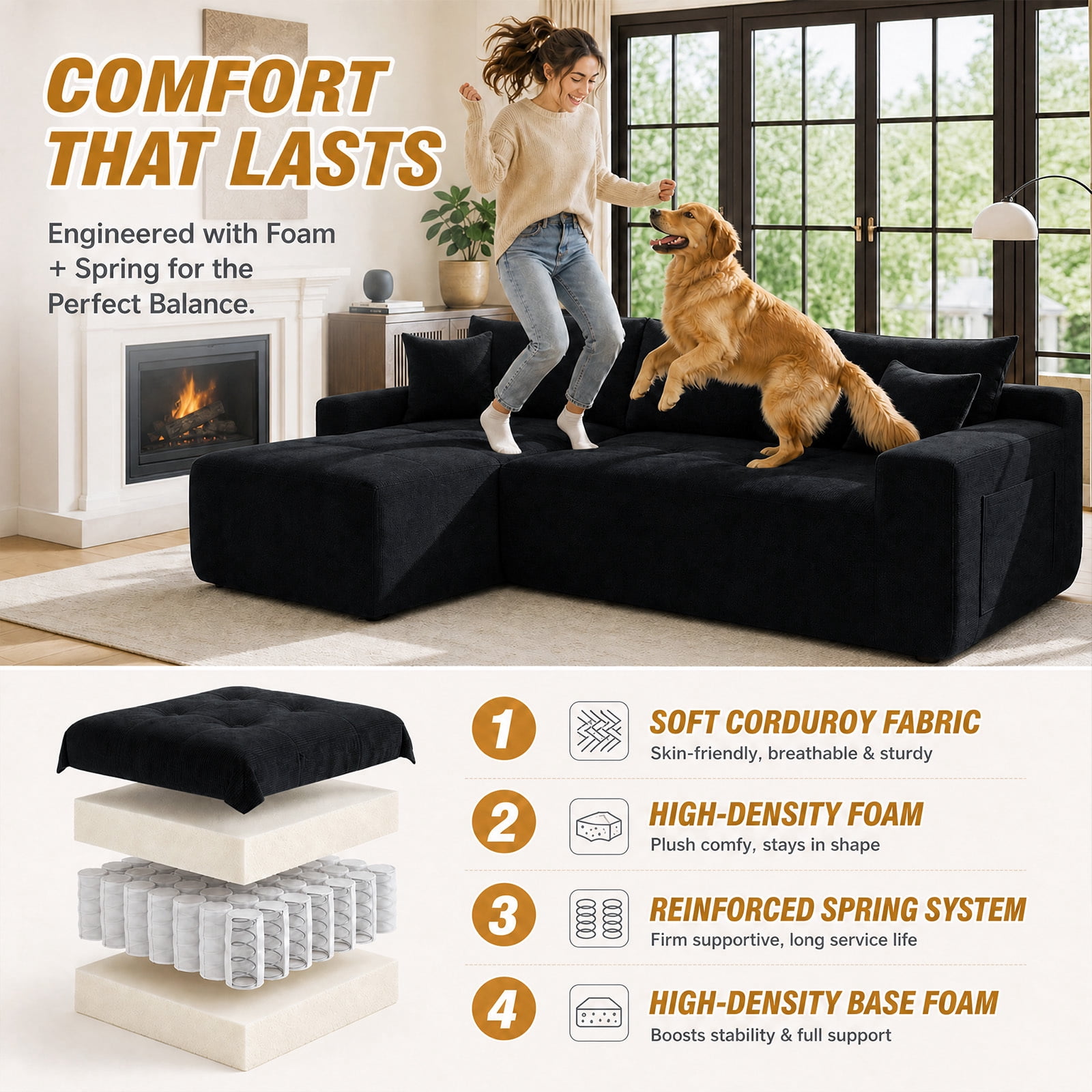 Lunale L-Shaped Modular Sectional Sofa with Left Chaise, No Assembly Required, Boneless Polyester Cloud Couch for Living Room, Black