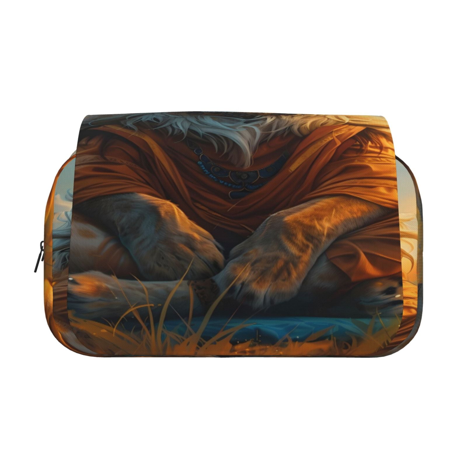 Rateoe Prairie Meditating Lion Pattern Double Clamshell Pen Case, Storage Organizer with Two Zipper Compartments– Holds Up to 50 Pencils & Pens