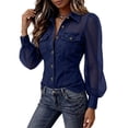 thumbnail image 5 of KLHDSF Denim Shirt Women Button Down Mesh Long Sleeve Jean Shirts Chambray Pearl Snap Shirt, Trendy Spliced Jean Tops, Chest Pockets, Daily Wear Dark Blue XL, 5 of 7