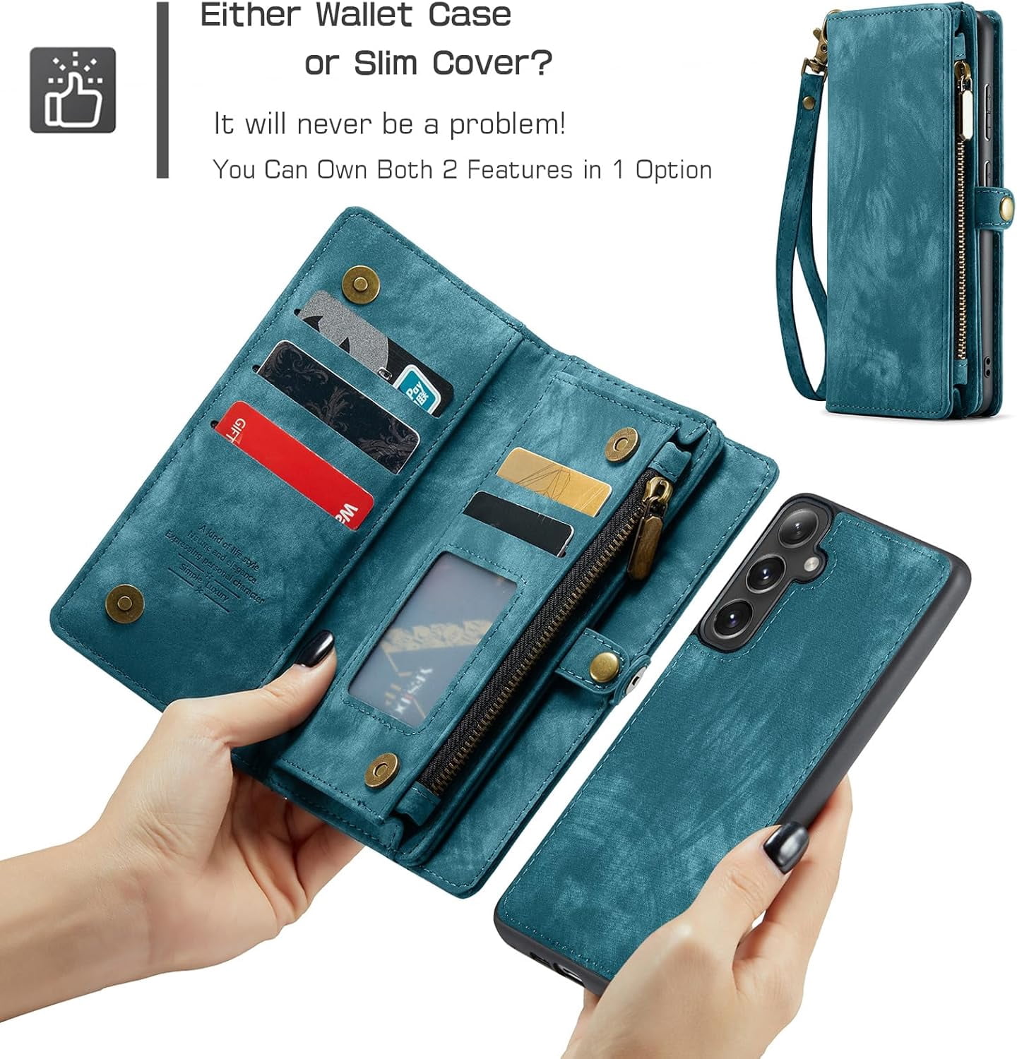 Compatible with Samsung Galaxy S24 Plus/S25 Plus S24+ S25+ 5G Phone Case Zipper Wallet Screen Protector Strap Flip Card Holder Cell Cover for S24Plus 24S + S 24 24+ S25Plus 25S 25+ SM-S936U Blue
