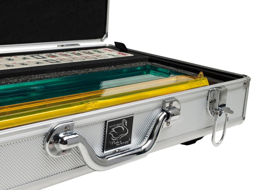 White Swan American Mahjong Set in Wheeled Silver Case - Ivory Tiles - Modern Pushers