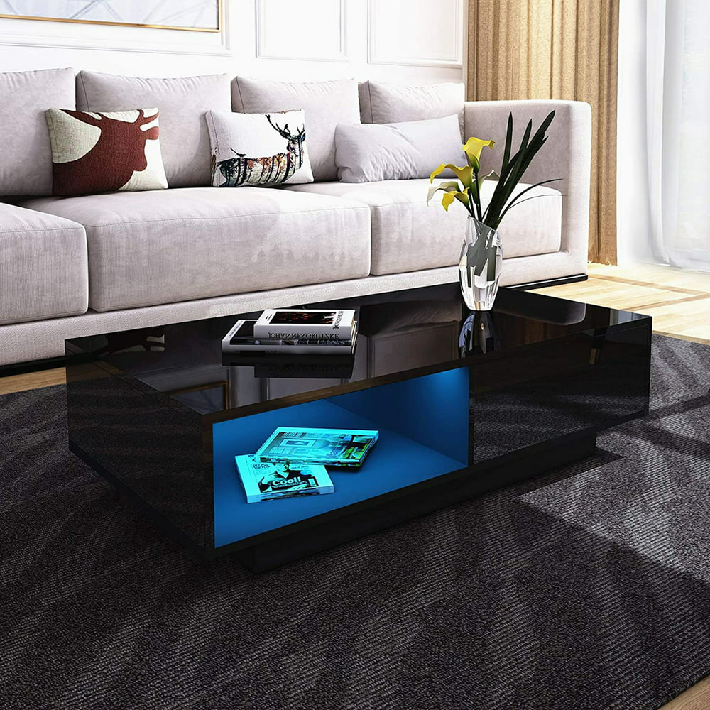 Modern High Gloss Coffee Table with Drawers, LED Sofa Side End Desk ...