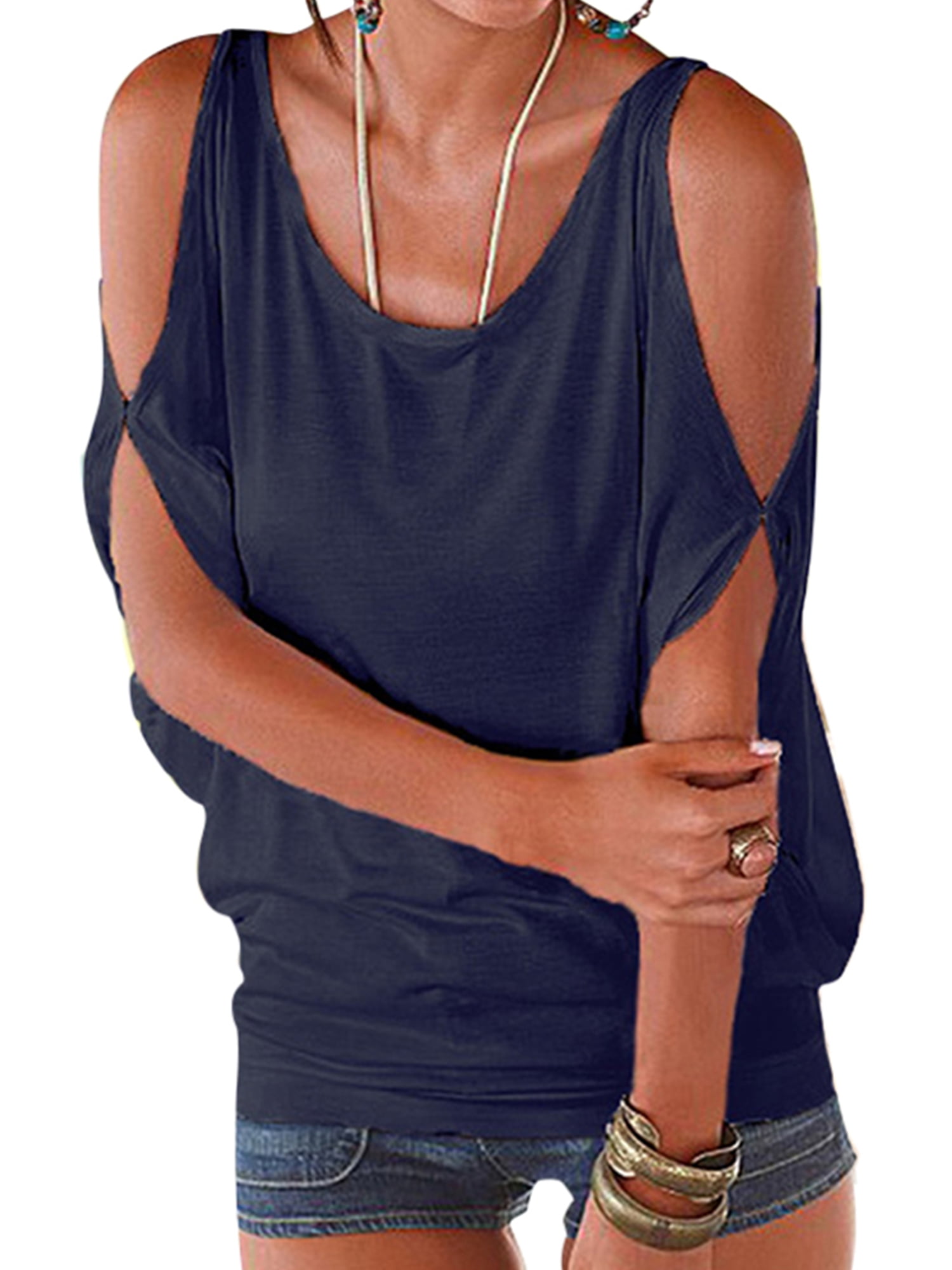 iLUGU Women Summer Short Sleeve Strappy Cold Shoulder T-Shirt Tops
