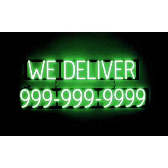 SpellBrite WE DELIVER 10 DIGIT PHONE NUMBER LED Sign for Business. 41.5" x 15.0" Green WE DELIVER 10 DIGIT PHONE NUMBER Sign Has Neon Sign Look, LED Light Source. Visible from 500+ Feet, 8 Animations.