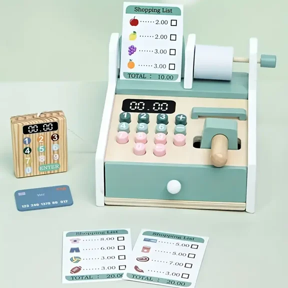 Wooden Cash Register Playset for Kids - Pretend Play Supermarket Toy with Scanner, Play Money, Fake Credit Card & Calculator | Educational Role-Play Gift for Boys & Girls
