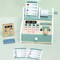 Wooden Cash Register Playset for Kids - Pretend Play Supermarket Toy with Scanner, Play Money, Fake Credit Card & Calculator | Educational Role-Play Gift for Boys & Girls